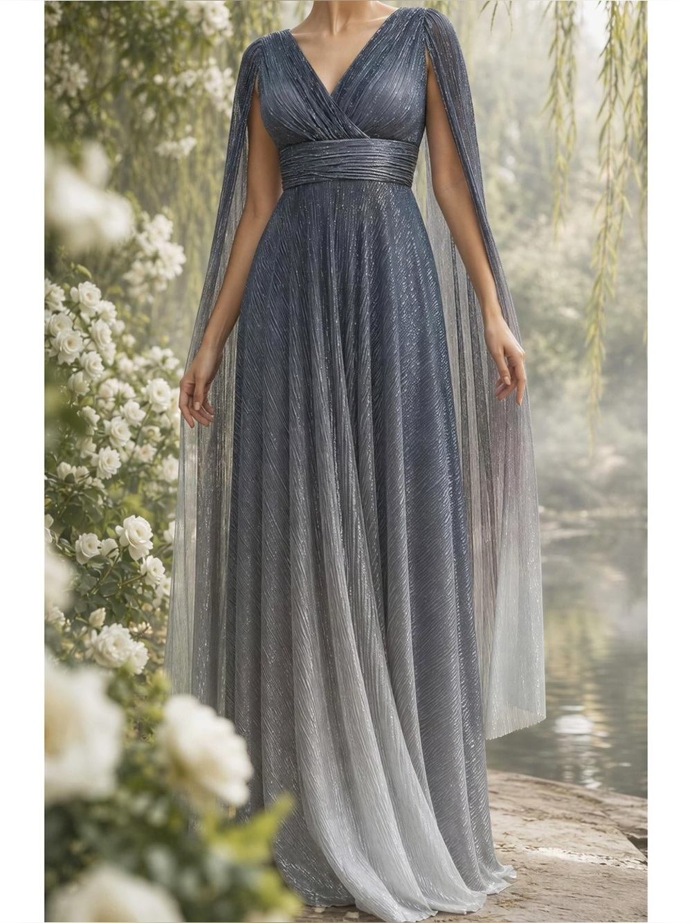 AFTER SIX Luna Metallic Cape Sleeve Pleated Gown, Cosmic Blue, XS STYLE 6896